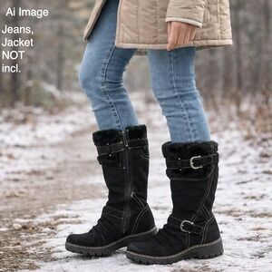 BareTraps Bakan‎ Women 8M Black Suede Faux Fur Lined Mid Calf Boots Cozycore